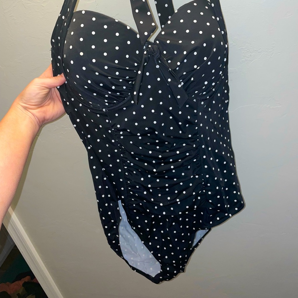 One piece strapless or halter swimsuit polka dot